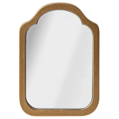 The Maileg Mirror, Miniature features a rectangular shape with an arched top and a thick gold-colored frame—ideal for adding elegance to your dollhouse or Maileg Bathroom. Displayed against a plain white background.
