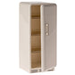 Beige, retro-style Maileg Miniature Fridge with open door, revealing three wire shelves inside—perfect for storing your House of Miniature groceries.