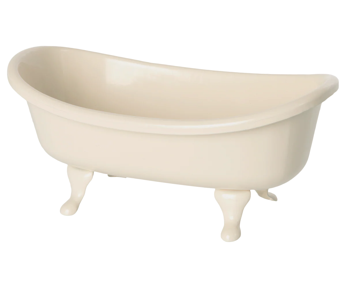 The Maileg Bathtub, Miniature, is a small cream clawfoot tub with three visible legs—ideal for Maileg dollhouses or vintage bathtub collections. Shown in a photo against a plain white background.