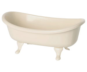 The Maileg Bathtub, Miniature, is a small cream clawfoot tub with three visible legs—ideal for Maileg dollhouses or vintage bathtub collections. Shown in a photo against a plain white background.