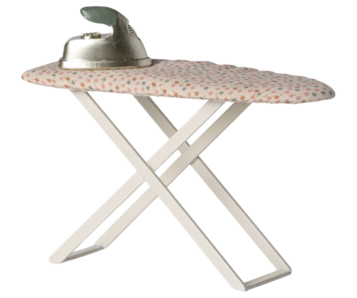 The Maileg Iron & Ironing Board, Mouse features a small polka-dot fabric board and metal iron, perfect for the mouse family, displayed on a plain white background.