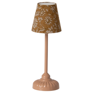 The Maileg Vintage Floor Lamp, Mouse - Dark Powder features a matching beige floral fabric shade and base, offering soft light for a cozy atmosphere.