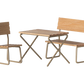 The Maileg Garden Set, Mouse features a small wooden chair and bench with slatted seats and backs plus metal frames—perfect for an outdoor room. Pictured on a white background.
