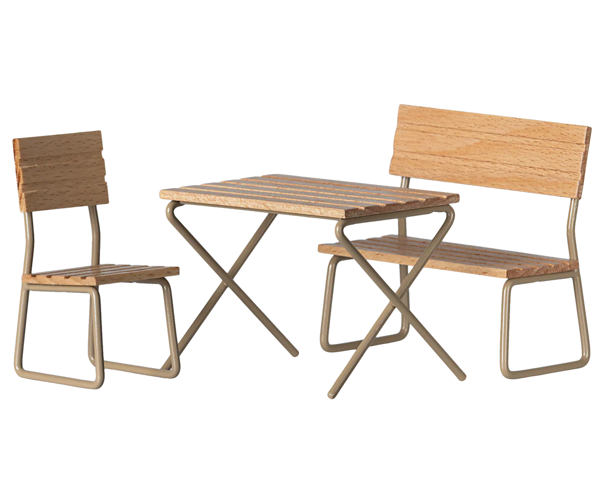 The Maileg Garden Set, Mouse features a small wooden chair and bench with slatted seats and backs plus metal frames—perfect for an outdoor room. Pictured on a white background.