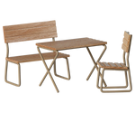 Transform your outdoor space with the Maileg Garden Set, Mouse—featuring a small table, a backrest bench, and a chair with sturdy metal frames and wood slats. Ideal for relaxing or entertaining your mouse family.