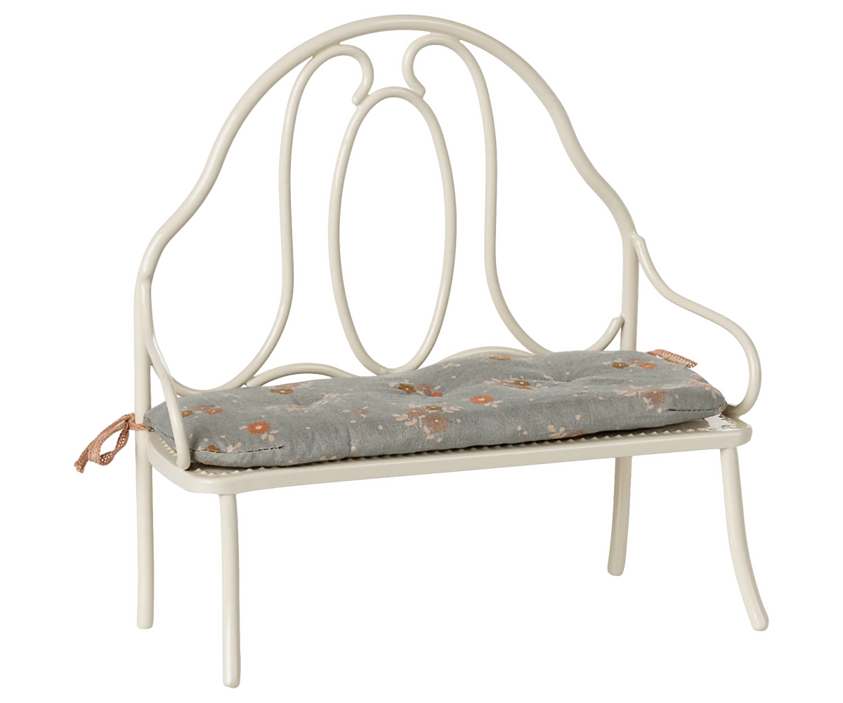 Maileg Vintage Bench, Miniature - Off White: features a decorative backrest and tufted gray floral cushion, creating a comfy seat ideal for bunny and rabbit-sized pets.