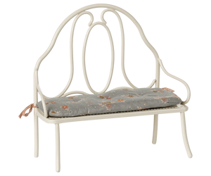 Maileg Vintage Bench, Miniature - Off White: features a decorative backrest and tufted gray floral cushion, creating a comfy seat ideal for bunny and rabbit-sized pets.