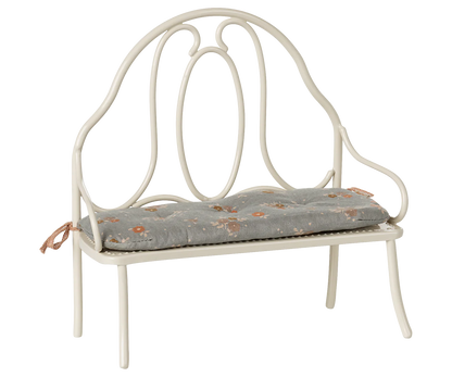 Maileg Vintage Bench, Miniature - Off White: features a decorative backrest and tufted gray floral cushion, creating a comfy seat ideal for bunny and rabbit-sized pets.