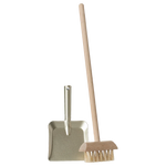 The Maileg Broom Set, Miniature features a metal dustpan with short handle and a long-handled broom with stiff bristles, both standing upright against a white background—ideal for dollhouse cleaning.