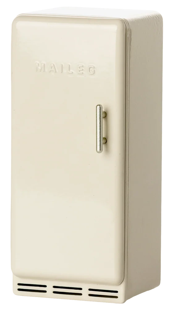 The Maileg Fridge, Mouse - Off White is a rectangular, cream-colored accessory featuring a single door with a small handle and the “MAILEG” name embossed at the top. This charming piece makes a delightful addition to any dollhouse accessories collection and is perfect for inspiring imaginative storytelling play.