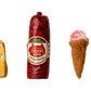 A block of Swiss cheese, a log of sausage, and two ice cream cones are arranged in a row against a white background—perfect as accessories for imaginative storytelling play with your Maileg Fridge, Mouse - Off White.