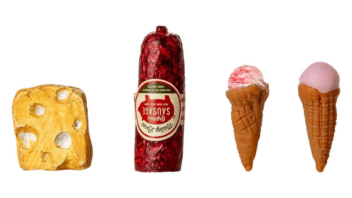 A block of Swiss cheese, a log of sausage, and two ice cream cones are arranged in a row against a white background—perfect as accessories for imaginative storytelling play with your Maileg Fridge, Mouse - Off White.