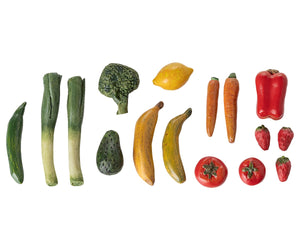 Veggies and Fruits - Miniature by Maileg, featuring assorted plastic miniatures such as leeks, cucumber, broccoli, lemon, bananas, carrots, pepper, strawberries, tomato, and avocado—perfect as organic dollhouse accessories—are beautifully arranged on a white background.