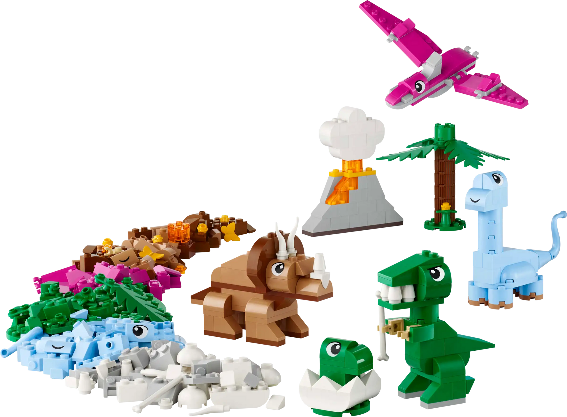 The LEGO® Classic Creative Dinosaurs set from Legos - Toyhouse features colorful models like a T-Rex, Triceratops, and Pterodactyl in a playful scene with a volcano, trees, and bones to inspire creative building for budding builders.