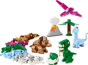 The LEGO® Classic Creative Dinosaurs set from Legos - Toyhouse features colorful models like a T-Rex, Triceratops, and Pterodactyl in a playful scene with a volcano, trees, and bones to inspire creative building for budding builders.