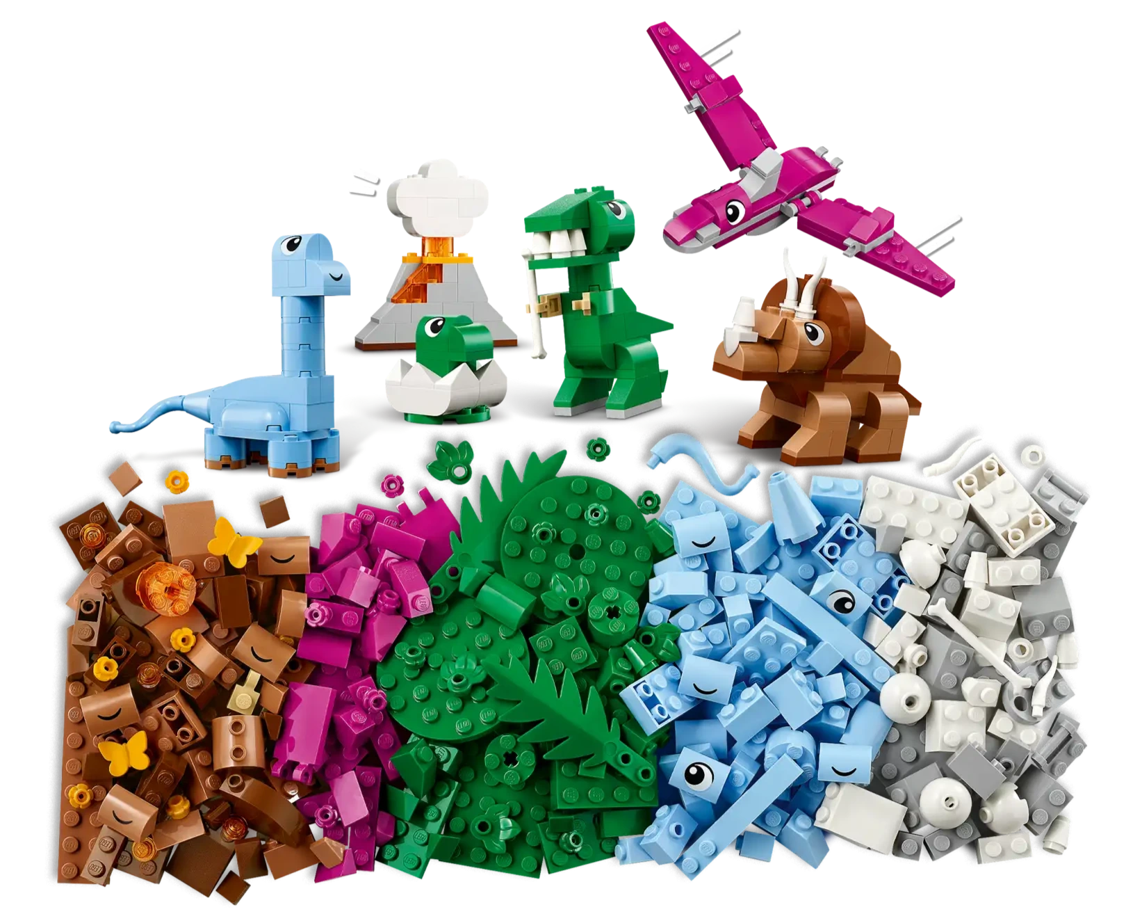 Explore your creativity with LEGO® Classic Creative Dinosaurs from Legos - Toyhouse, featuring dinosaur models and a volcano made with brown, pink, green, blue, and white bricks for an imaginative building adventure!.