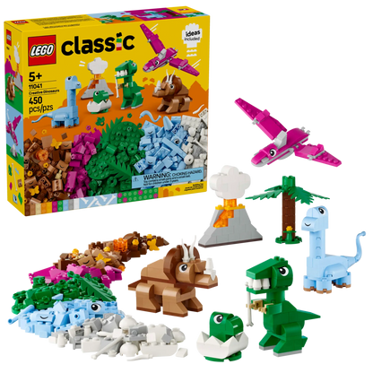 The LEGO® Classic Creative Dinosaurs set by Legos - Toyhouse is ideal for enhancing creative construction skills with various nature and dinosaur models, featuring colorful bricks in a "450 pcs" box, suitable for ages 5+.