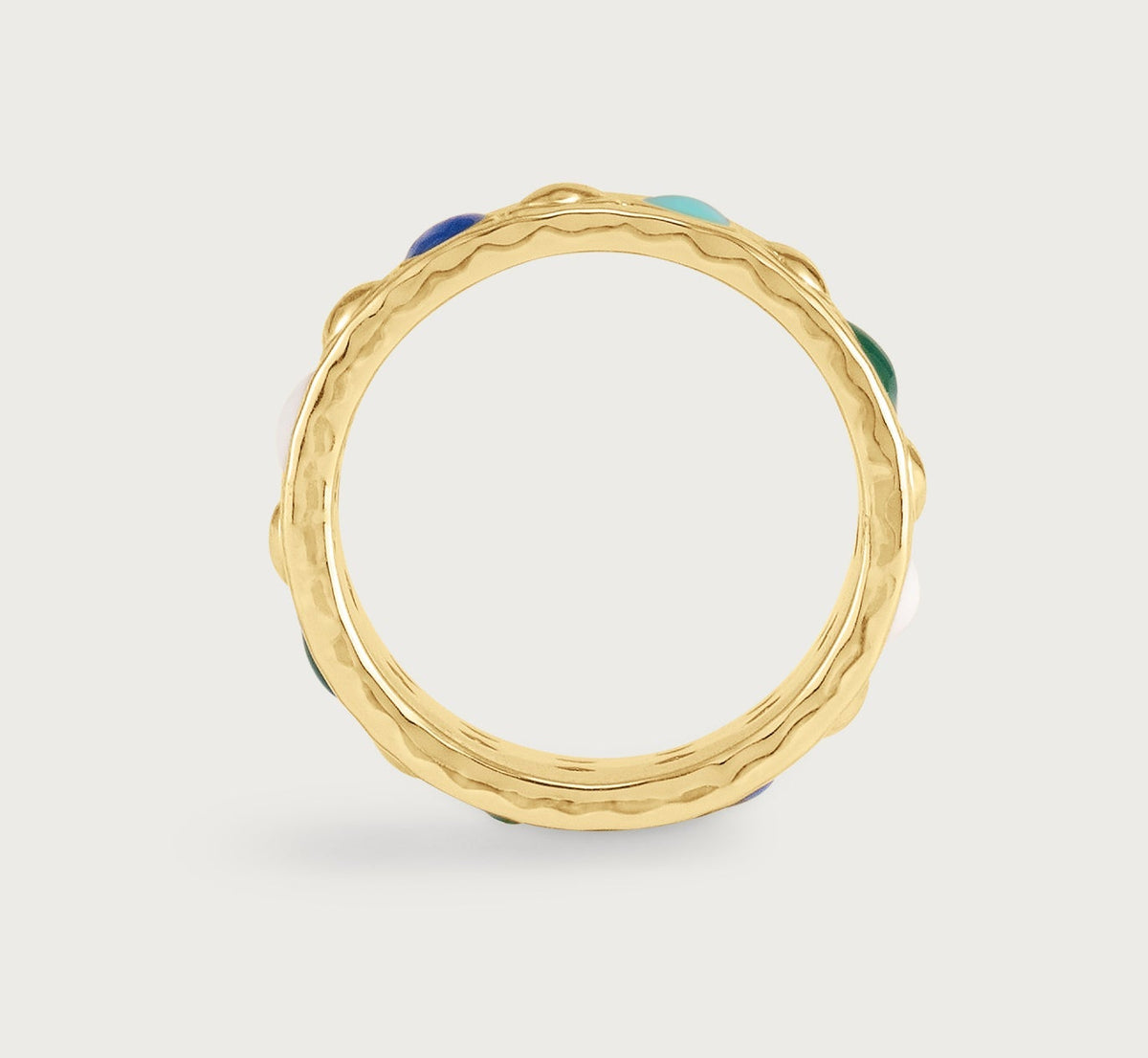 Milos Multicolor Ring featuring an 18K gold plated band with small, multicolor enamel-like stones set around the outer edge.