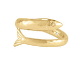Milos Fish Ring in 18K gold plate, designed to wrap around the finger with a small inset gemstone near the tail.