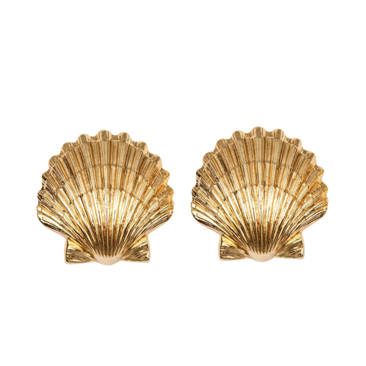 The Mar Earrings by Jennifer Behr, handmade in New York, feature golden scallop shells and are shown against a white background.