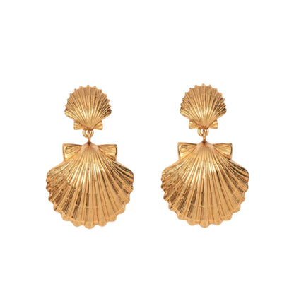 The Caspian Earrings by Jennifer Behr feature a small shell atop a larger scallop, crafted in 18-karat gold-plated metal for an elegant ocean-inspired look.