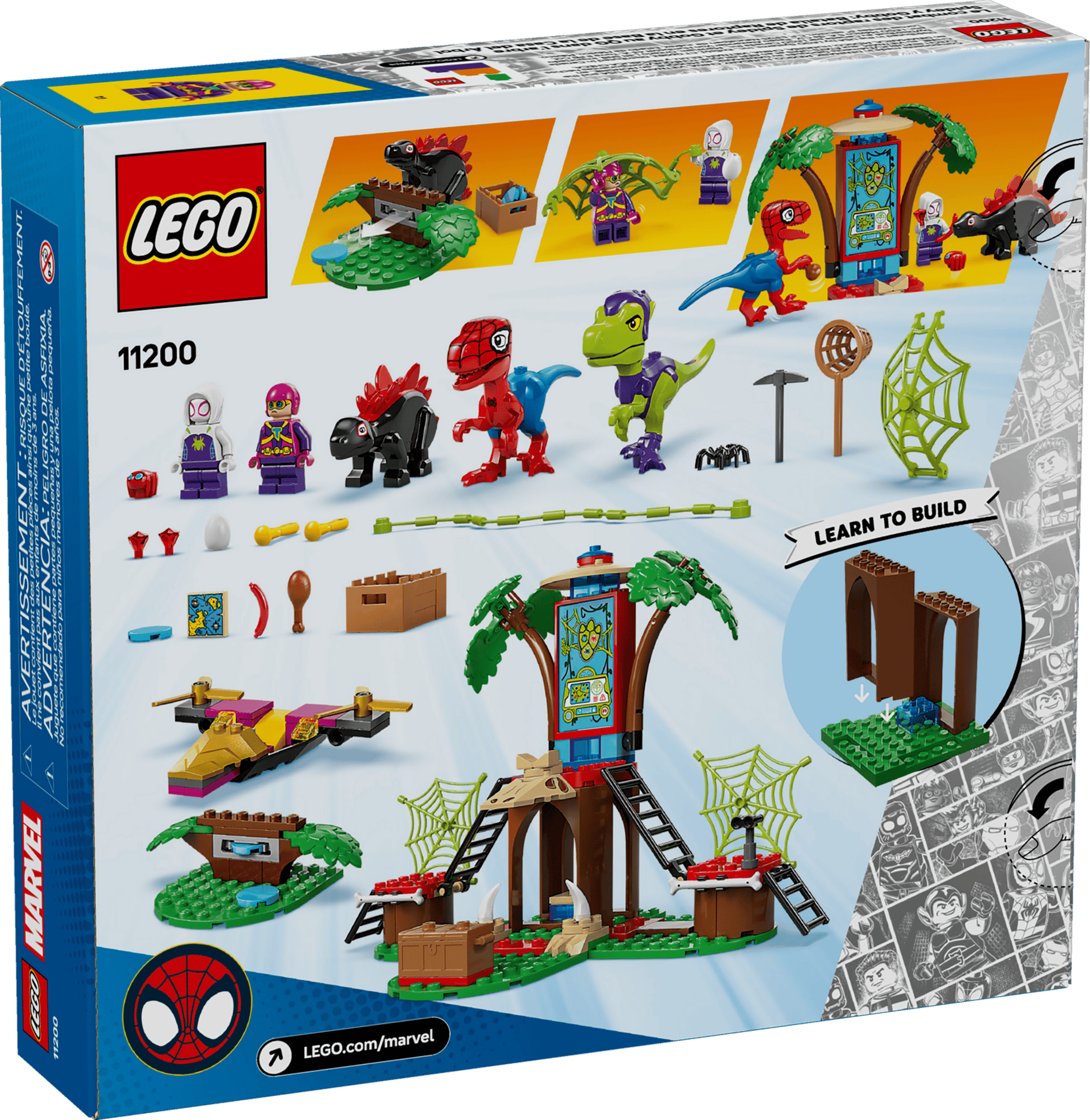 Back of LEGO® Marvel Spidey and Gobby's Raptor Battle at Tree House HQ box by Legos - Toyhouse: shows assembled playset, minifigures, treehouse, slide, webs, small vehicles, and build instructions in Marvel Spider-Man style.