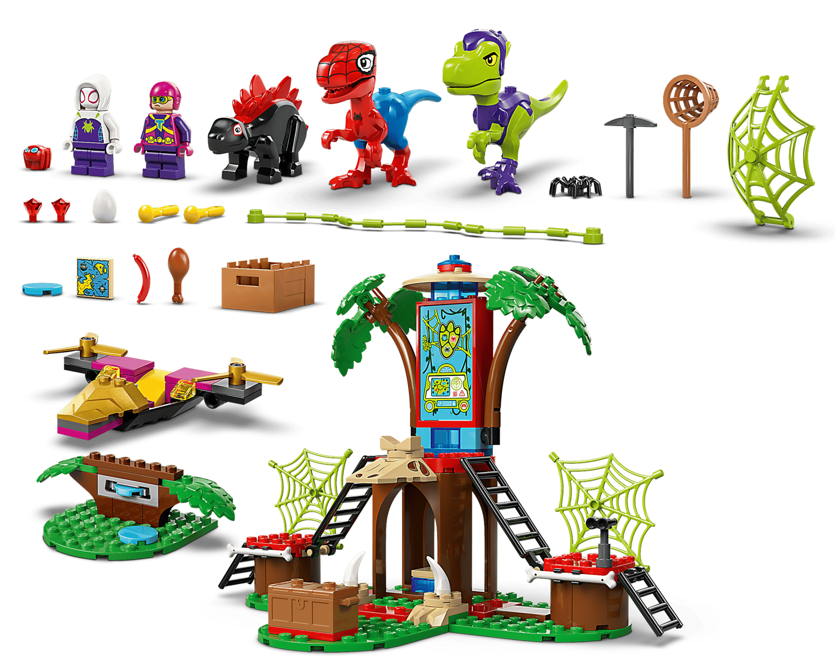 LEGO® Marvel Spidey and Gobby's Raptor Battle at Tree House HQ by Legos - Toyhouse features superhero and dinosaur figures, a treehouse, vehicles, ladders, spider webs, and accessories displayed on a white background.