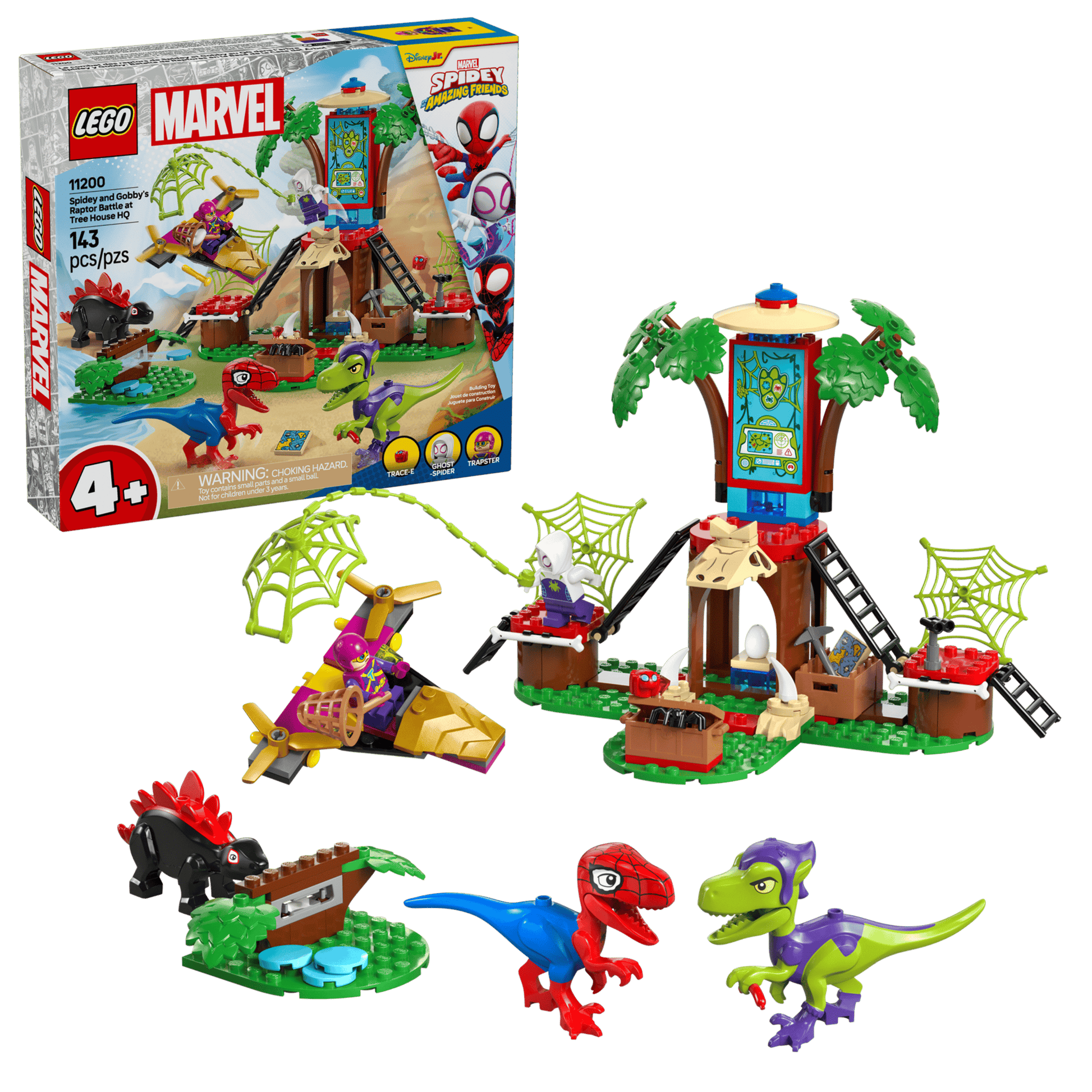 The LEGO® Marvel Spidey and Gobby's Raptor Battle at Tree House HQ by Legos - Toyhouse features buildable dinosaur toys, a treehouse, fun web accessories, and a box with product and character art for an epic Super Hero adventure.
