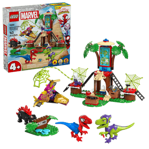 The LEGO® Marvel Spidey and Gobby's Raptor Battle at Tree House HQ by Legos - Toyhouse features buildable dinosaur toys, a treehouse, fun web accessories, and a box with product and character art for an epic Super Hero adventure.