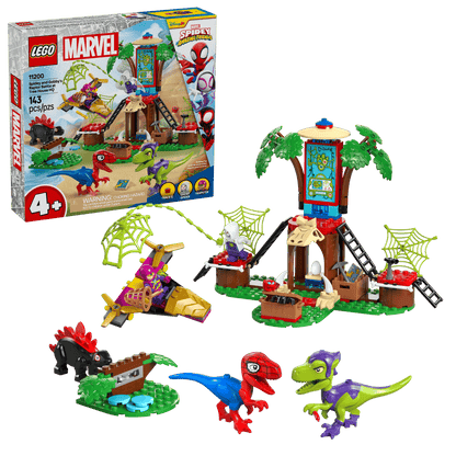 The LEGO® Marvel Spidey and Gobby's Raptor Battle at Tree House HQ by Legos - Toyhouse features buildable dinosaur toys, a treehouse, fun web accessories, and a box with product and character art for an epic Super Hero adventure.