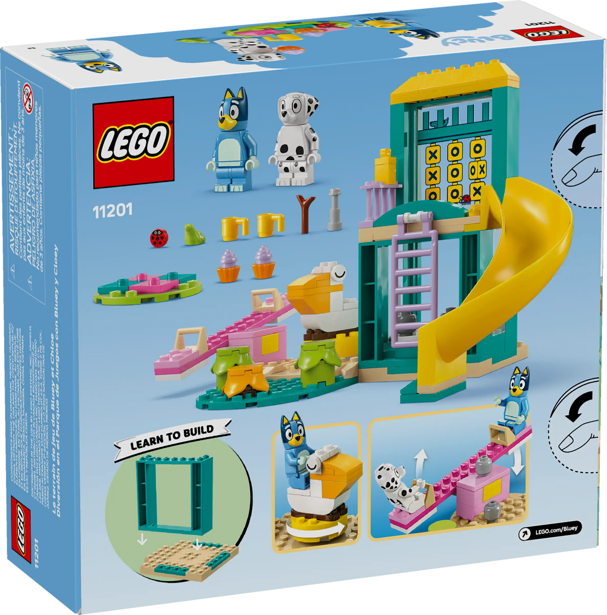 Back of a Legos - Toyhouse box for LEGO® Playground Fun with Bluey and Chloe, showing Bluey and Chloe figures, playground equipment, accessories, building instructions, and images of the completed set.