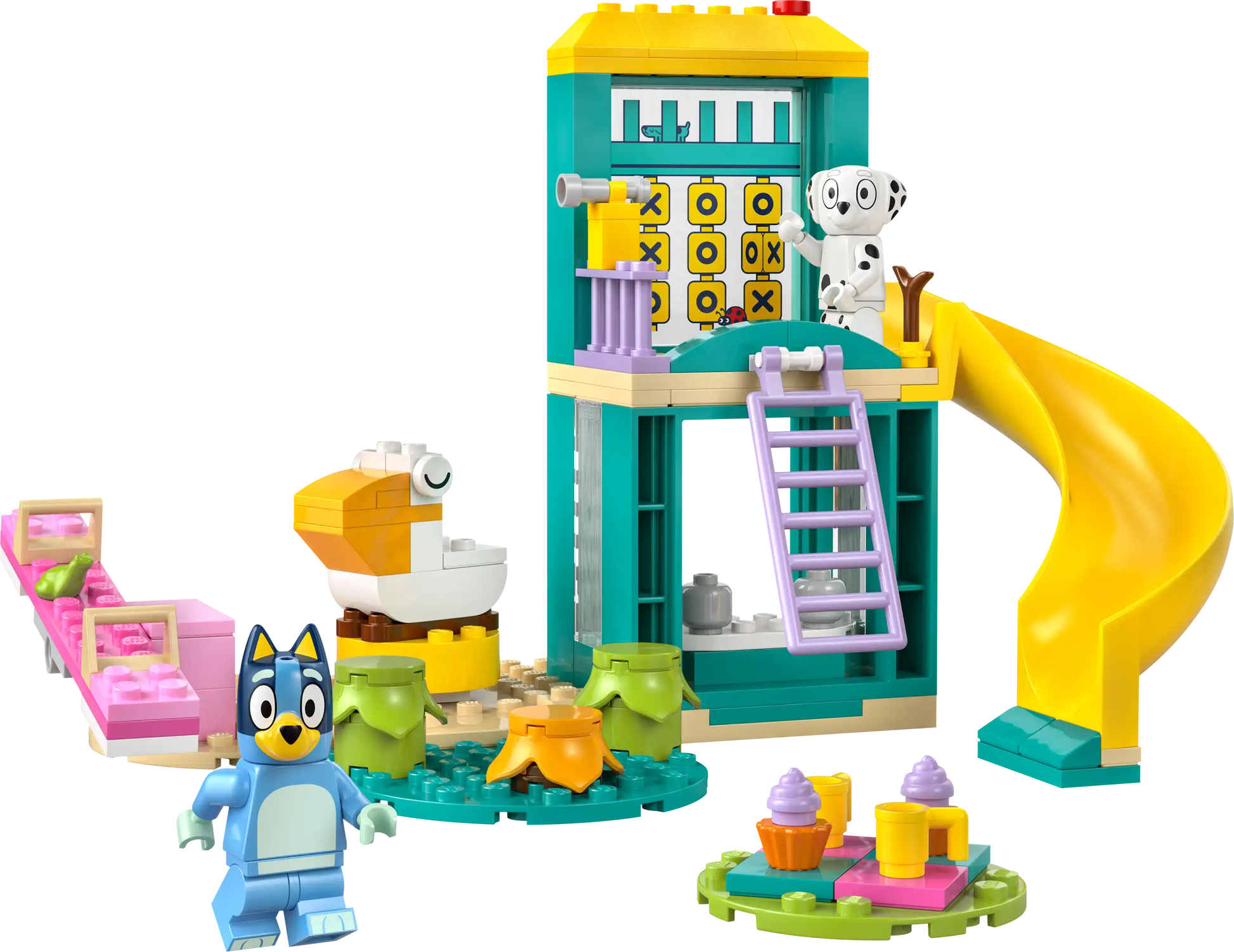LEGO® Playground Fun with Bluey and Chloe by Legos - Toyhouse is a colorful preschool playset featuring a small building, slide, ladder, two animal figures, tea set, cupcakes, beds, and a duck-shaped toy.