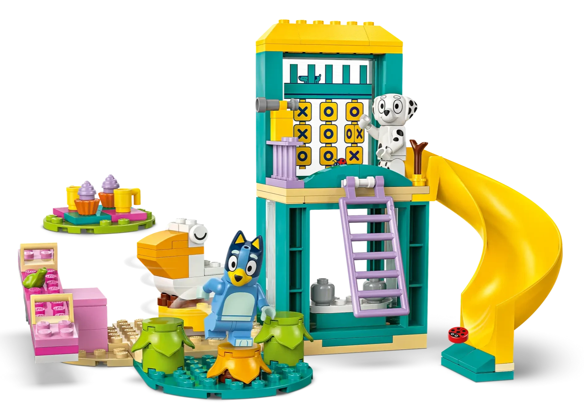 The LEGO® Playground Fun with Bluey and Chloe by Legos - Toyhouse features a two-story building with a yellow slide, ladder, tic-tac-toe board, animal figures, cupcakes, teapot, and campfire—ideal for preschool playground adventures!.