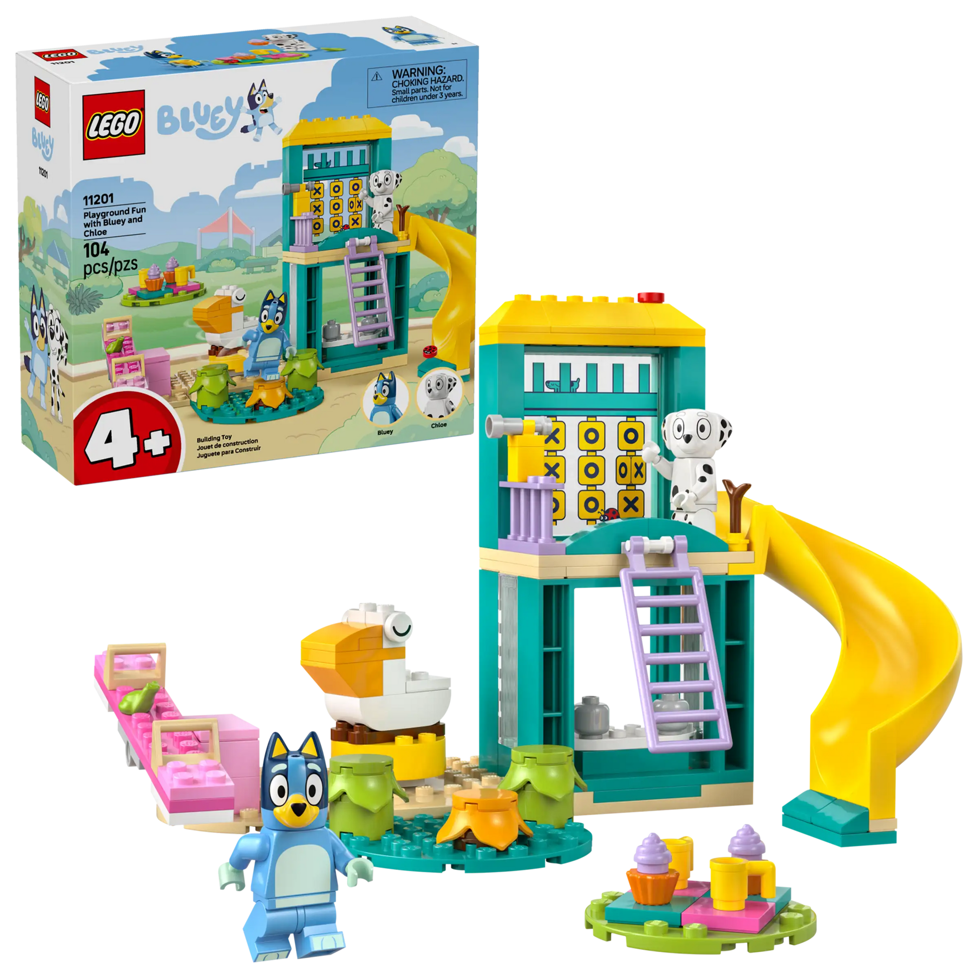 The LEGO® Playground Fun with Bluey and Chloe by Legos - Toyhouse includes 104 pieces to build a playground with a yellow slide, picnic table, and more. Features Bluey and Chloe figures; perfect preschool toy for ages 4+ in colorful packaging.