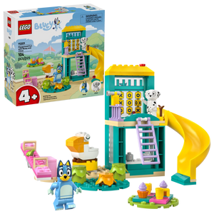 The LEGO® Playground Fun with Bluey and Chloe by Legos - Toyhouse includes 104 pieces to build a playground with a yellow slide, picnic table, and more. Features Bluey and Chloe figures; perfect preschool toy for ages 4+ in colorful packaging.