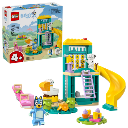 The LEGO® Playground Fun with Bluey and Chloe by Legos - Toyhouse includes 104 pieces to build a playground with a yellow slide, picnic table, and more. Features Bluey and Chloe figures; perfect preschool toy for ages 4+ in colorful packaging.
