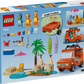 Back of the LEGO® Bluey's Beach & Family Car Trip box by Legos - Toyhouse shows beach pieces, a palm tree, two minifigures, red vehicle, surfboards, sandcastles & instructions—ideal preschool toy for Bluey fans.