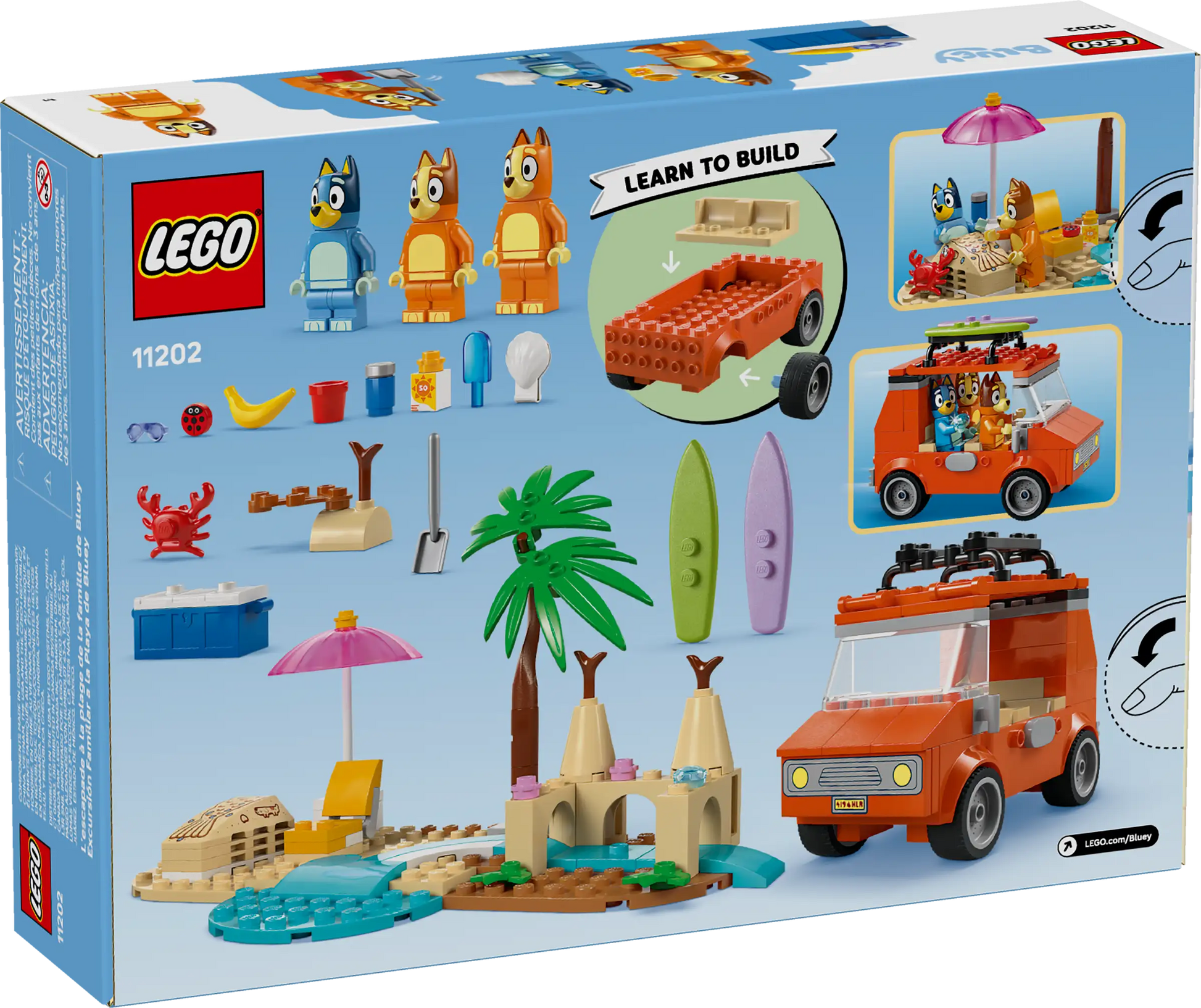 Back of the LEGO® Bluey's Beach & Family Car Trip box by Legos - Toyhouse shows beach pieces, a palm tree, two minifigures, red vehicle, surfboards, sandcastles & instructions—ideal preschool toy for Bluey fans.