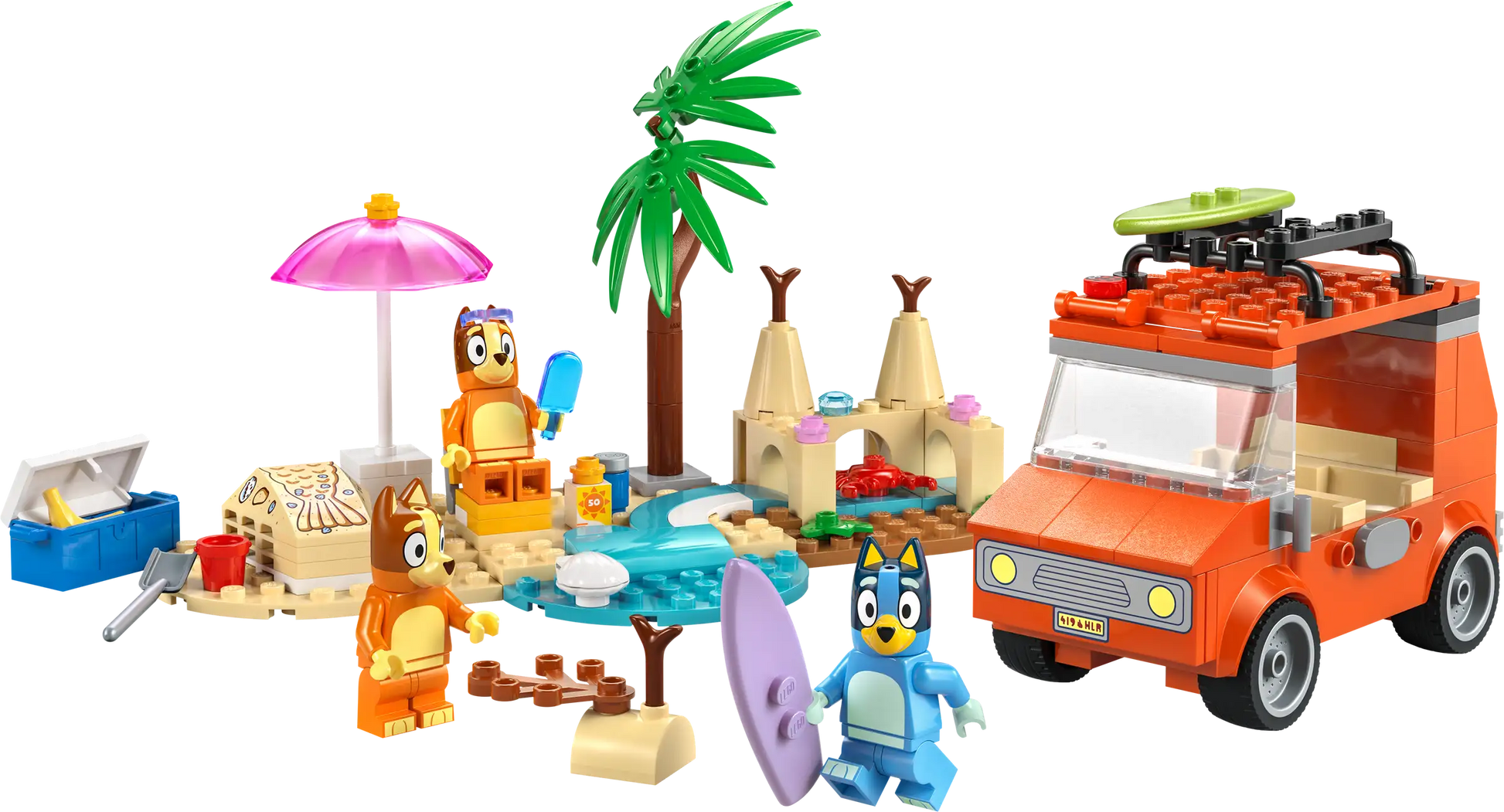 LEGO® Bluey's Beach & Family Car Trip by Legos - Toyhouse is a preschool toy featuring cartoon animal figures, sandcastles, palm trees, picnic accessories, and Bluey's iconic orange car with a green surfboard.