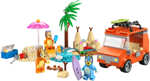 LEGO® Bluey's Beach & Family Car Trip by Legos - Toyhouse is a preschool toy featuring cartoon animal figures, sandcastles, palm trees, picnic accessories, and Bluey's iconic orange car with a green surfboard.