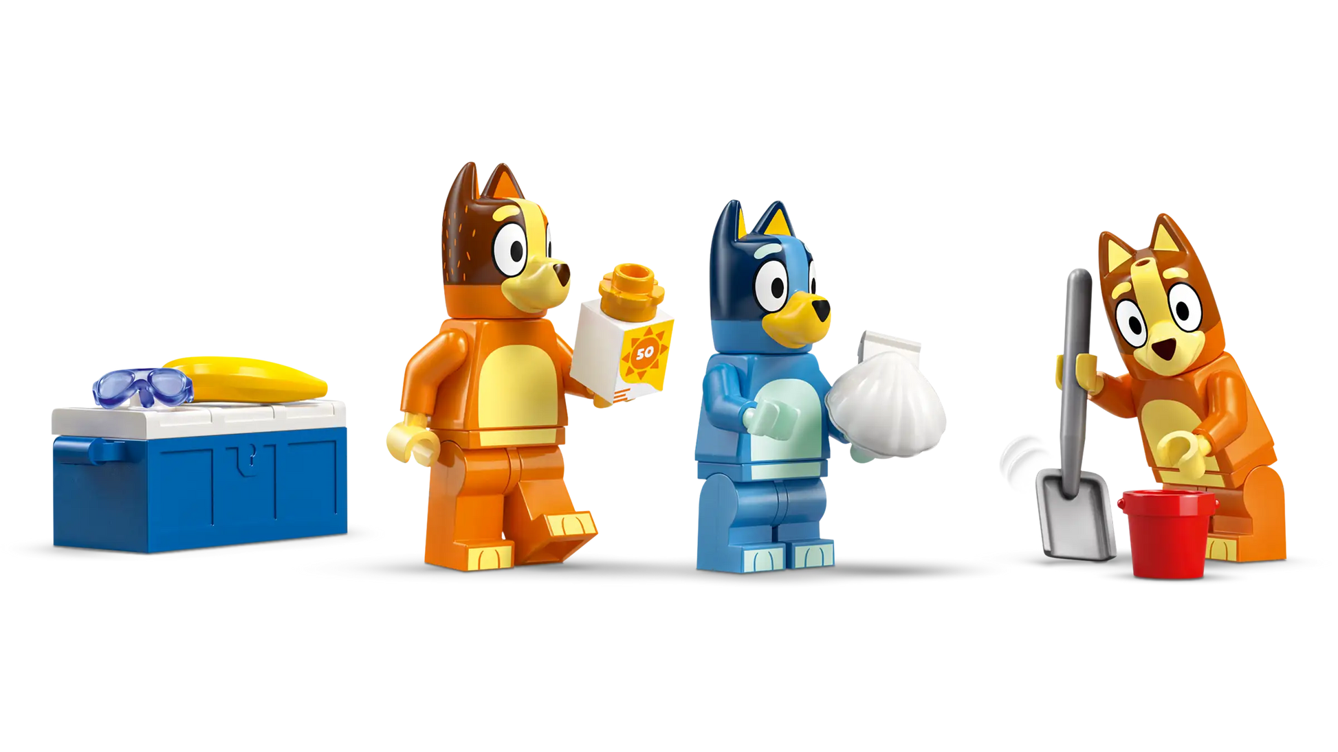 LEGO® Bluey's Beach & Family Car Trip by Legos - Toyhouse includes four figures with fun accessories: two hold food, one carries a seashell, and another digs with a shovel and bucket—perfect for preschoolers' Bluey adventures.