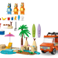 The Legos - Toyhouse LEGO® Bluey's Beach & Family Car Trip set includes three cartoon dog figures, a red car, palm trees, sandcastle, surfboards, and beach accessories—perfect for preschoolers and inspired by Bluey.