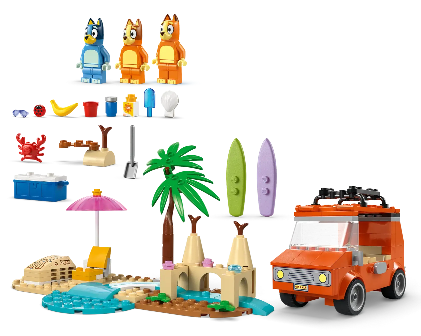 The Legos - Toyhouse LEGO® Bluey's Beach & Family Car Trip set includes three cartoon dog figures, a red car, palm trees, sandcastle, surfboards, and beach accessories—perfect for preschoolers and inspired by Bluey.