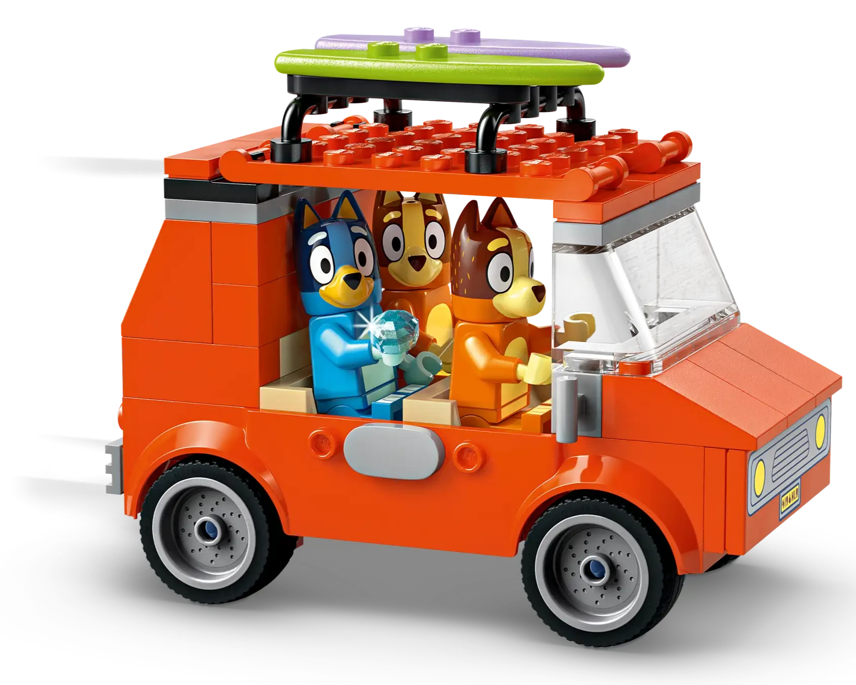 LEGO® Bluey's Beach & Family Car Trip by Legos - Toyhouse features Bluey, Bingo, and Bandit figures in an orange car with a green surfboard—perfect for preschool imaginative play or fans of Bluey's adventures.