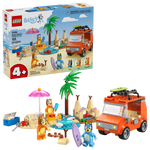 The Legos - Toyhouse LEGO® Bluey's Beach & Family Car Trip set includes 133 pieces, four character figures, a palm tree, beach accessories, and an orange car—perfect for preschoolers ages 4 and up.