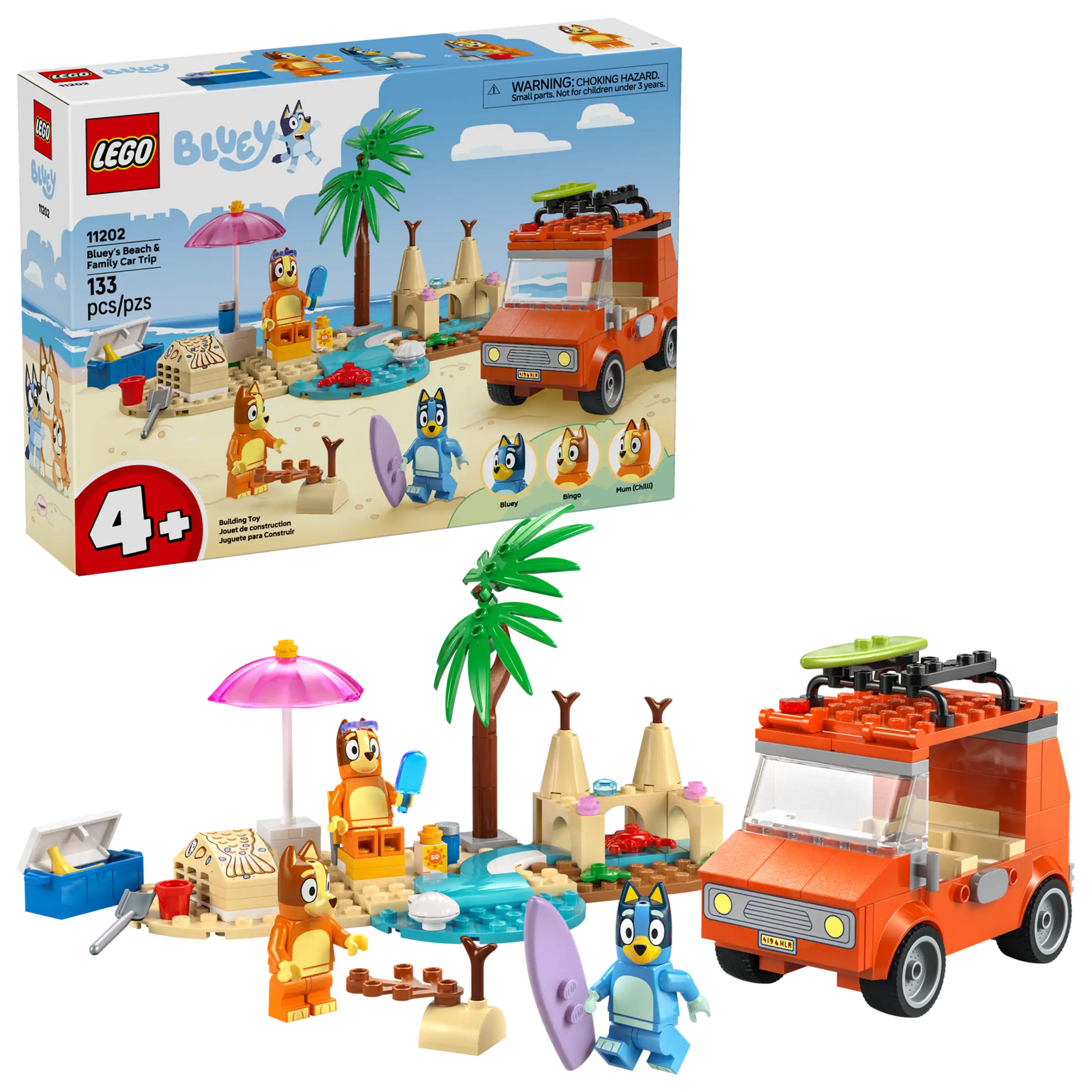 The Legos - Toyhouse LEGO® Bluey's Beach & Family Car Trip set includes 133 pieces, four character figures, a palm tree, beach accessories, and an orange car—perfect for preschoolers ages 4 and up.