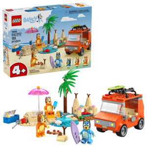 The Legos - Toyhouse LEGO® Bluey's Beach & Family Car Trip set includes 133 pieces, four character figures, a palm tree, beach accessories, and an orange car—perfect for preschoolers ages 4 and up.
