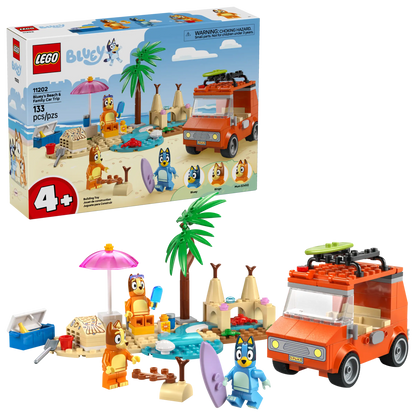 The Legos - Toyhouse LEGO® Bluey's Beach & Family Car Trip set includes 133 pieces, four character figures, a palm tree, beach accessories, and an orange car—perfect for preschoolers ages 4 and up.