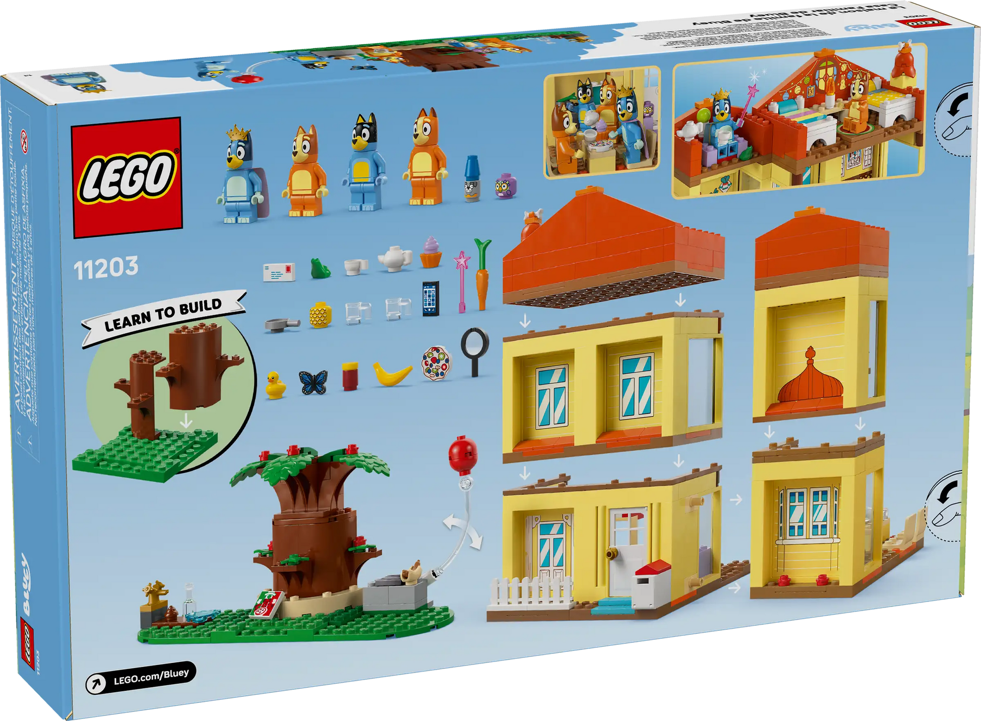 Back of LEGO® Bluey's Family House by Legos - Toyhouse box displays the assembled playset with Bluey minifigures, furniture, accessories, a tree, and a step-by-step building guide.