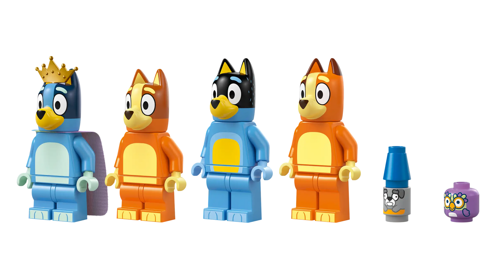Four dog-like Lego figures from the LEGO® Bluey's Family House set by Legos - Toyhouse are lined up in a row, with two small accessory pieces on the right, all displayed on a white background.